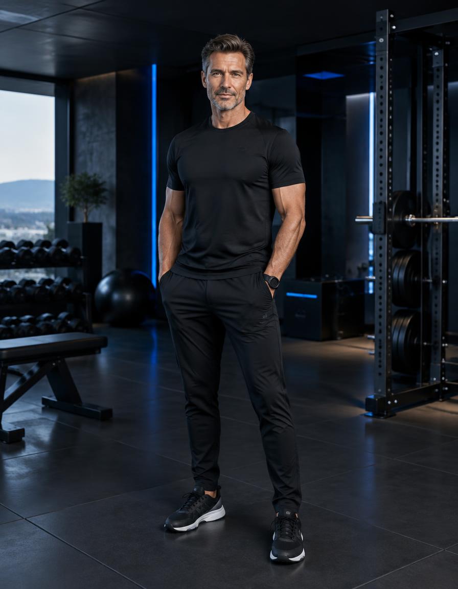 Healthy man in black athletic clothing in a modern gym