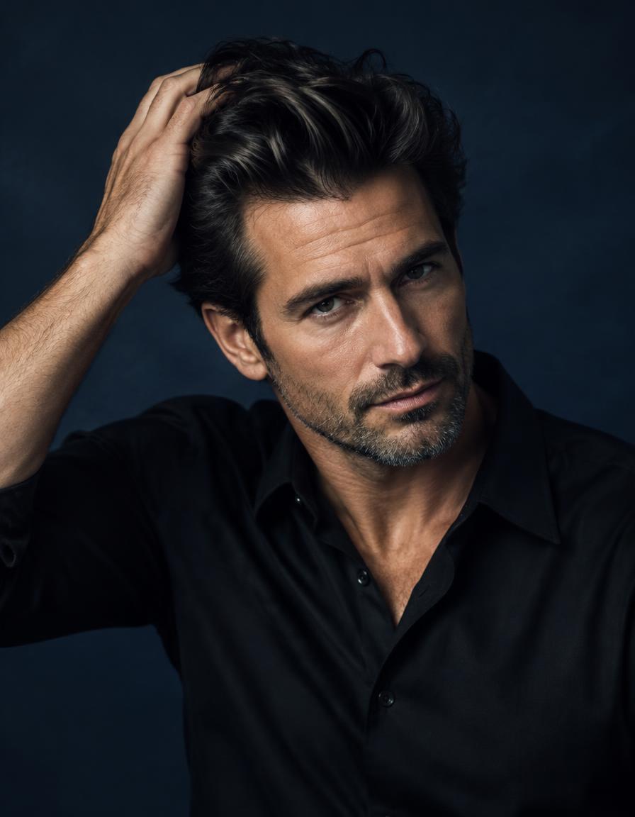 Well-groomed man running his hand through healthy hair