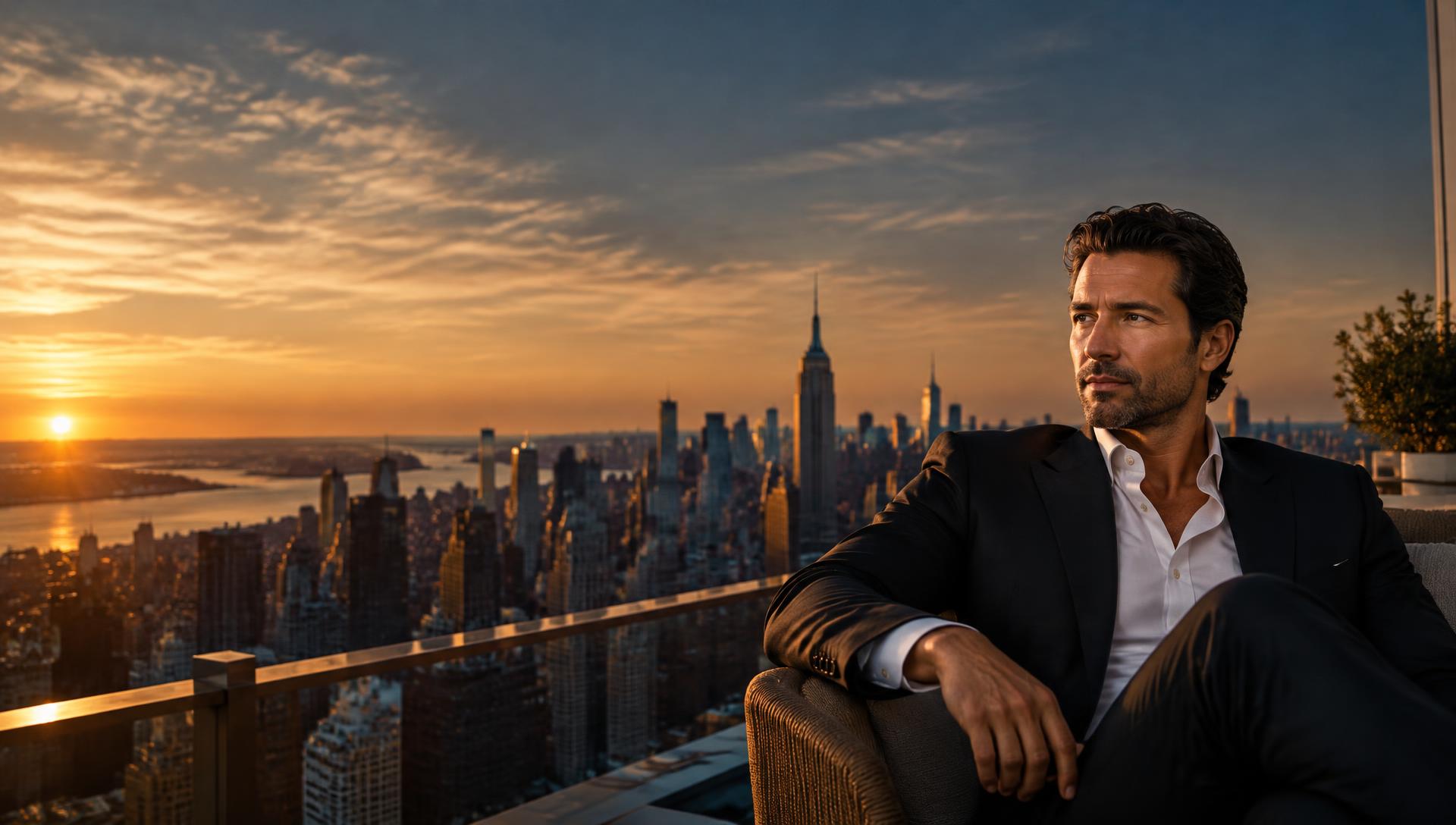 Confident man in a tailored black suit on a Manhattan rooftop at golden hour