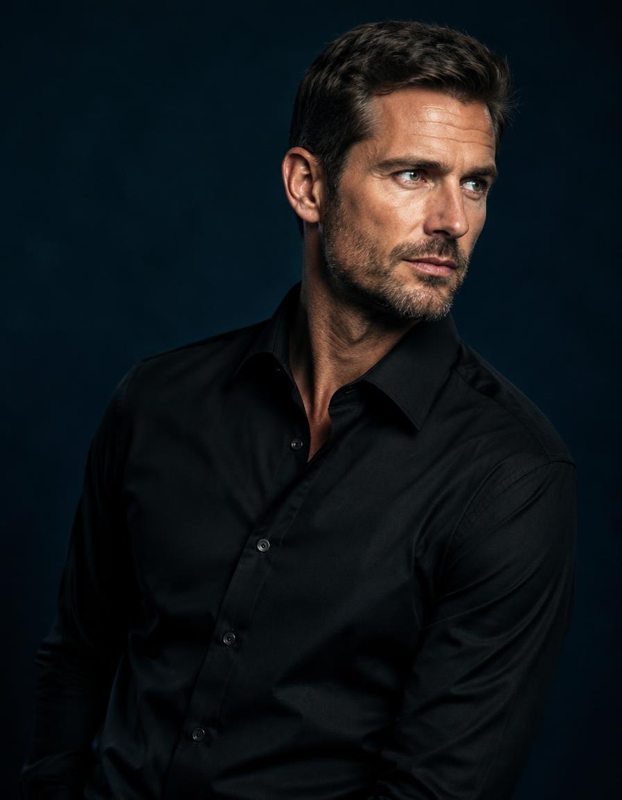 Confident man in a tailored black shirt